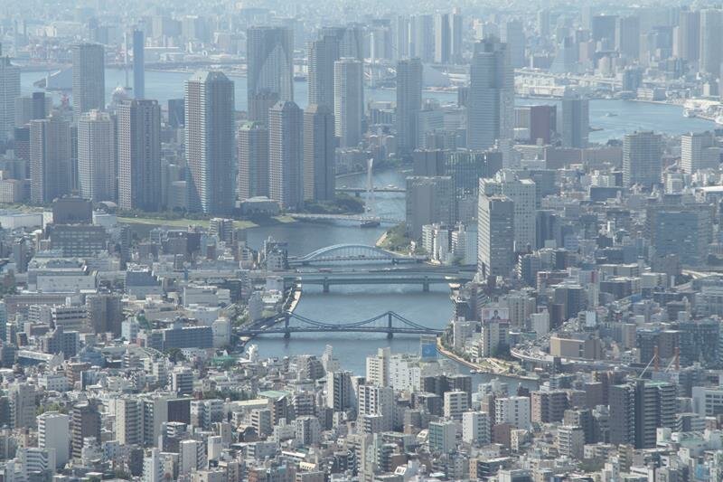 Looking down Sumida River at the various bridges from Tokyo Skytree